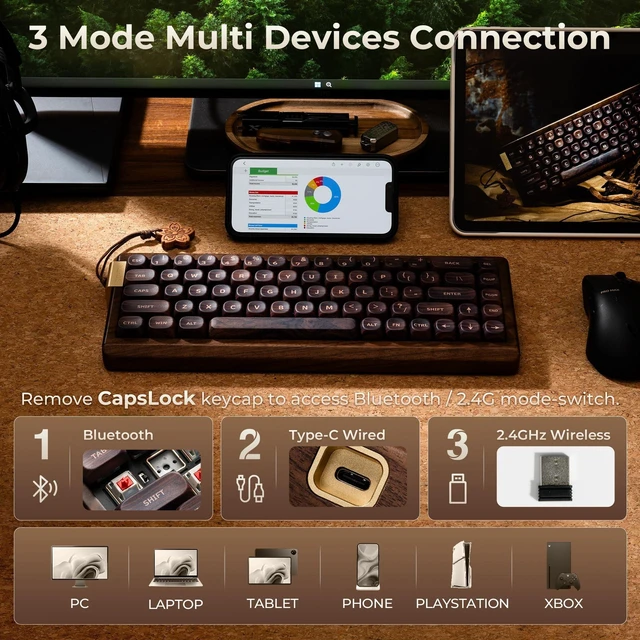 Alt view image 3 of 5 - XVX MU68 Wooden Keyboard,Wireless RGB Mechanical Gaming Keyboard