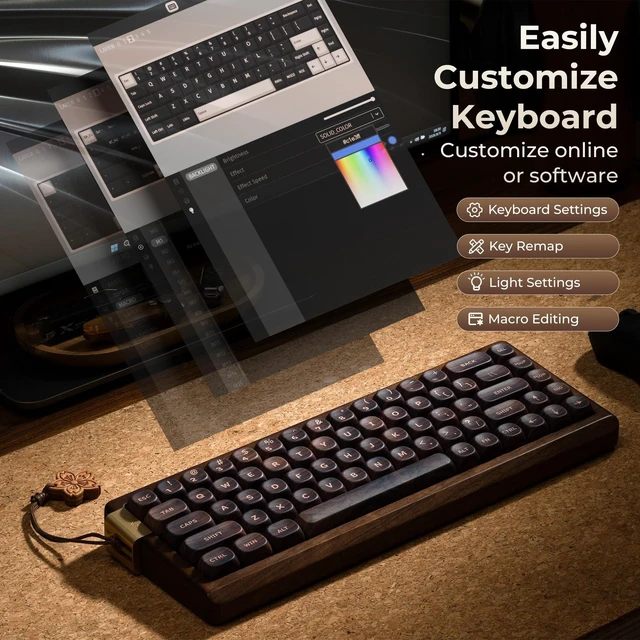 Alt view image 5 of 5 - XVX MU68 Wooden Keyboard,Wireless RGB Mechanical Gaming Keyboard