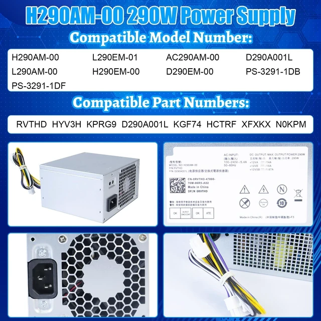 Alt view image 3 of 5 - AC290AM-00 H290AM-00 HYV3H L290AM-00 290W Power Supply H290EM-00 PSU Compatible with Dell Optiplex 3020 7020 9020/ Precision T1700/ PowerEdge T20 MT RVTHD KPRG9 HYV3H AC290AM-00 D290A001L PS-3291-1