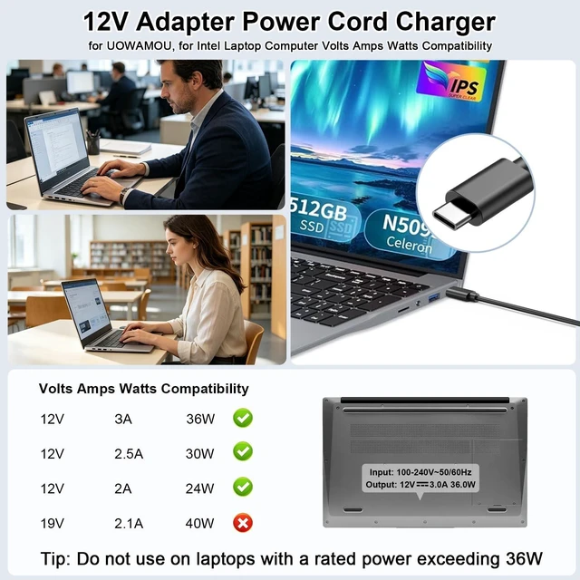 Alt view image 4 of 5 - VIFOCUFY 12V USB-C Adapter Charger for UOWAMOU Laptop BTC501 BTC512 BTC511