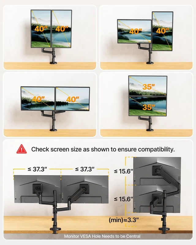 Alt view image 3 of 5 - monTEK Dual Monitor Arm, Vertical Stackable 1740" Full Motion with USB