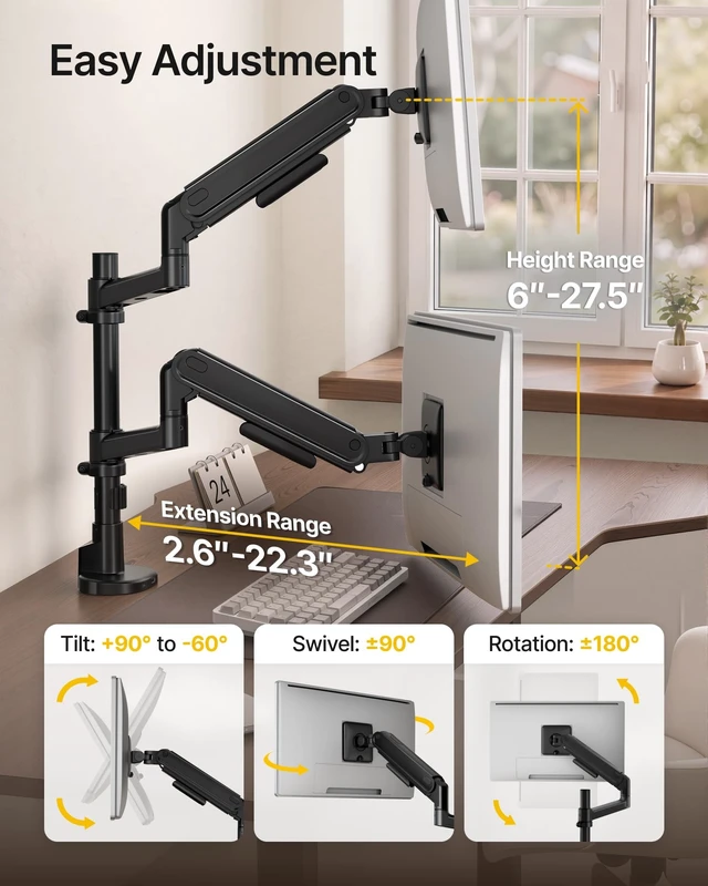 Alt view image 5 of 5 - monTEK Dual Monitor Arm, Vertical Stackable 1740" Full Motion with USB