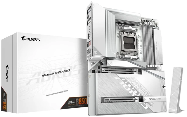 Main image of GIGABYTE B850 AORUS Stealth ICE Reverse-Connect ATX Motherboard, Support AMD Socket AM5 Processors, DDR5, 14+2+2 Power Phase, 4X M.2, PCIe 5.0, USB-C, WIFI7, 5GbE LAN, EZ-Latch, 5-Year Wa