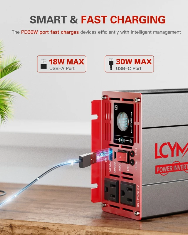 Alt view image 2 of 5 - 1000 Watts Pure Sine Wave Power Inverter 12V DC to 110V 120V AC Converter for Home RV Off Grid Truck Solar System Inverters with Type-C PD30W USB QC3.0 Port 2 AC Outlets LCD Display and Remote Control