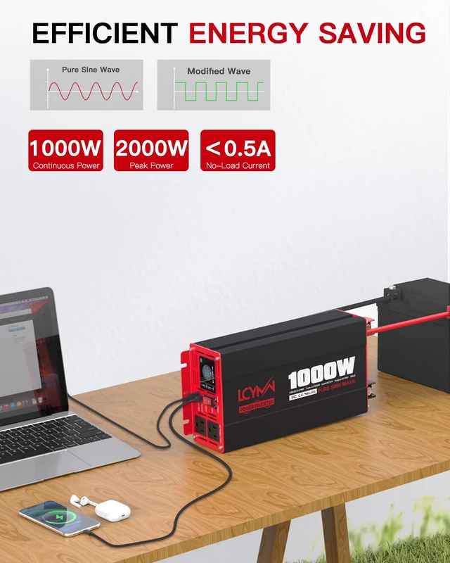 Alt view image 3 of 5 - 1000 Watts Pure Sine Wave Power Inverter 12V DC to 110V 120V AC Converter for Home RV Off Grid Truck Solar System Inverters with Type-C PD30W USB QC3.0 Port 2 AC Outlets LCD Display and Remote Control