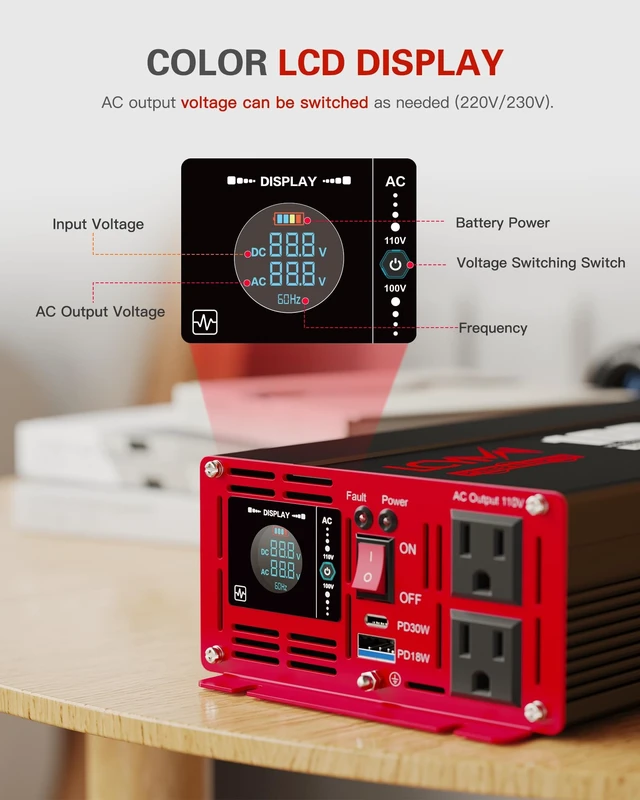 Alt view image 5 of 5 - 1000 Watts Pure Sine Wave Power Inverter 12V DC to 110V 120V AC Converter for Home RV Off Grid Truck Solar System Inverters with Type-C PD30W USB QC3.0 Port 2 AC Outlets LCD Display and Remote Control