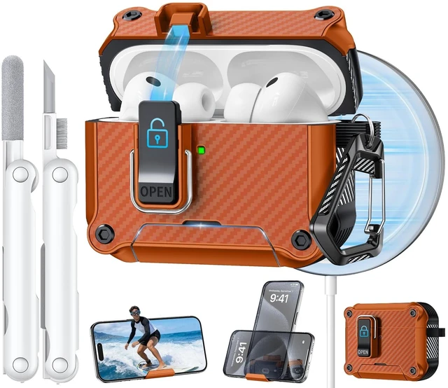 Main image of Dual Safety Lock for AirPods Pro 3 Case 2025, Compatible with MagSafe - Designed with Automatic Switch and Phone Stand, Includes a Cleaner & Keychain - Rugged Tough Hard Shell