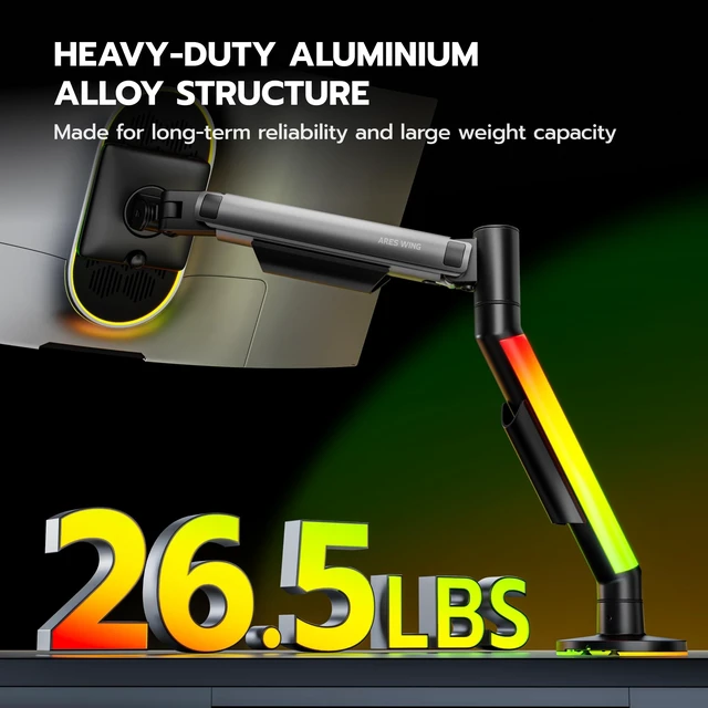 Alt view image 4 of 5 - ARES WING RGB Single Monitor Arm Desk Mount for 17-40 inch Monitors, Grey