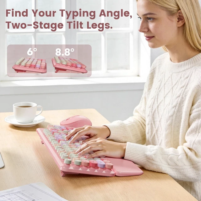 Alt view image 5 of 5 - Wireless Keyboard and Mouse Combo, Magnetic Wrist Rest, Round Keycaps, Pink