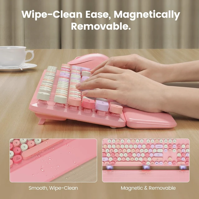 Alt view image 3 of 5 - Wireless Keyboard and Mouse Combo, Magnetic Wrist Rest, Round Keycaps, Pink