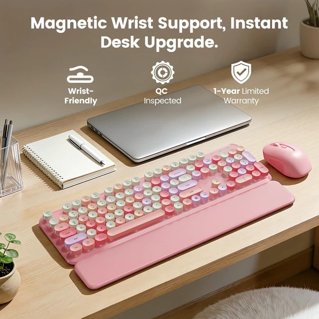 Alt view image 2 of 5 - Wireless Keyboard and Mouse Combo, Magnetic Wrist Rest, Round Keycaps, Pink