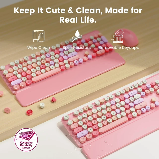 Alt view image 4 of 5 - Wireless Keyboard and Mouse Combo, Magnetic Wrist Rest, Round Keycaps, Pink