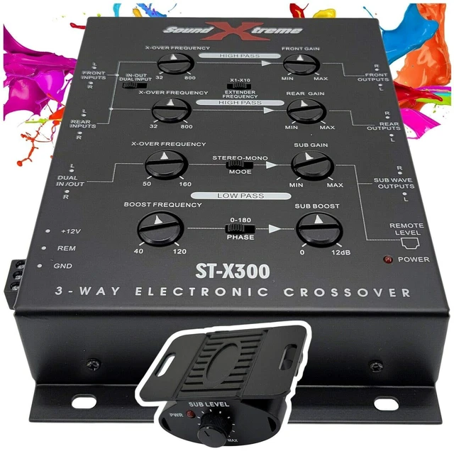 Main image of SoundXtreme ST-X300 3-Way Electronic Car Audio Crossover, Dash Mount with Remote Bass Knob, 10Hz-30kHz Response, 60dB Separation, Power Adapter & Connector