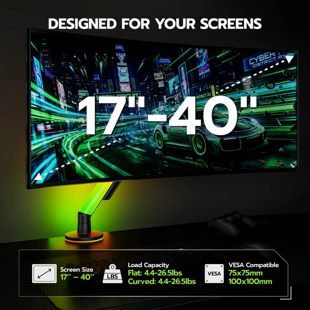 Alt view image 3 of 5 - ARES WING RGB Single Monitor Arm Desk Mount for 17-40 inch Monitors, Grey