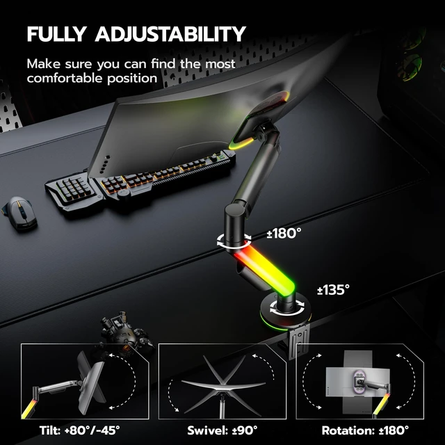 Alt view image 5 of 5 - ARES WING RGB Single Monitor Arm Desk Mount for 17-40 inch Monitors, Grey