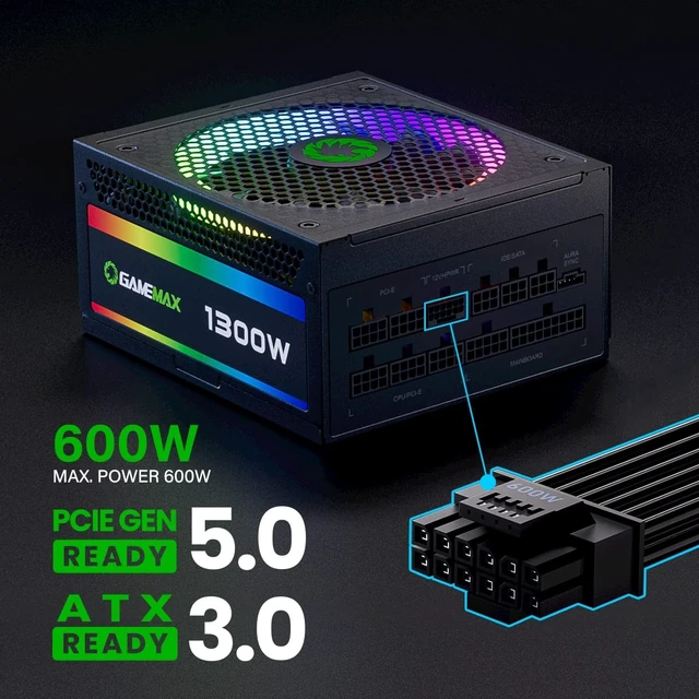 Alt view image 4 of 5 - GAMEMAX 1300W Power Supply, ATX 3.0 & PCIE 5.0 Ready, 80+ Platinum Certified, Addressable RGB with 5V Motherboard Sync, 100% Japanese Capacitors, Fully Modular, RGB-1300