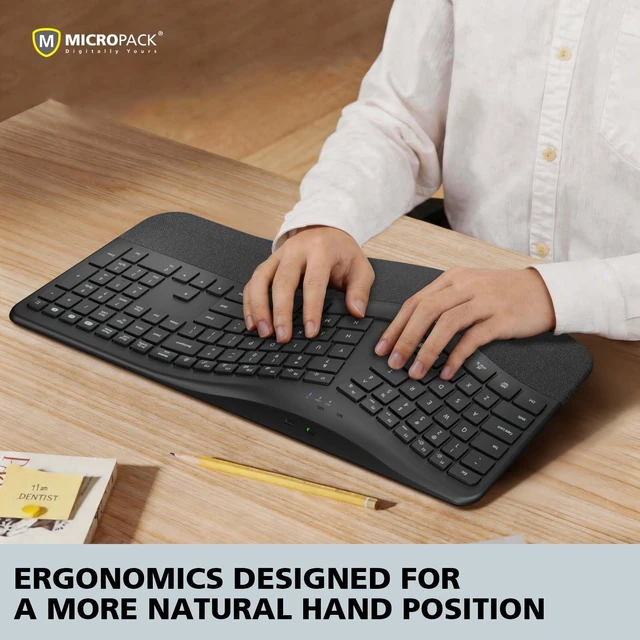 Alt view image 2 of 5 - Micropack Split Ergonomic Keyboard Wireless, Multi Device Bluetooth & USB Receiver Connectivity, Rechargeable USB-C Silent Scissor Keys with Palm Support, Compatible with Mac PC Laptop Home Off
