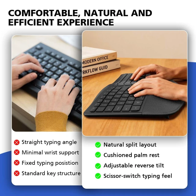 Alt view image 5 of 5 - Micropack Split Ergonomic Keyboard Wireless, Multi Device Bluetooth & USB Receiver Connectivity, Rechargeable USB-C Silent Scissor Keys with Palm Support, Compatible with Mac PC Laptop Home Off
