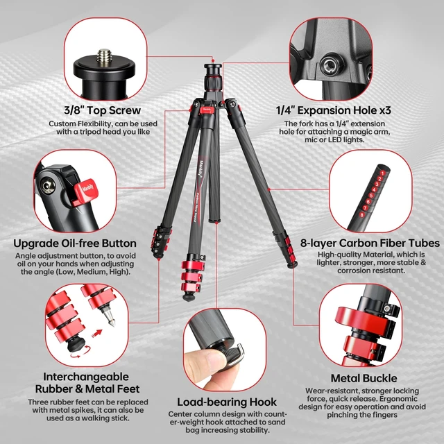 Alt view image 3 of 5 - Manbily Travel Tripod Carbon Fiber for Camera, 58.7" Camera Tripods Compact Portable Lightweight, with Metal Flip Buckle, No Ball Head, Max Load 22lbs-PH-20 (Red)