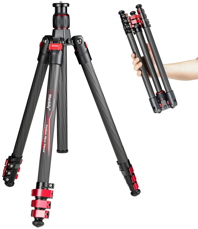 Main image of Manbily Travel Tripod Carbon Fiber for Camera, 58.7" Camera Tripods Compact Portable Lightweight, with Metal Flip Buckle, No Ball Head, Max Load 22lbs-PH-20 (Red)