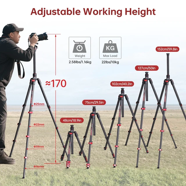 Alt view image 4 of 5 - Manbily Travel Tripod Carbon Fiber for Camera, 58.7" Camera Tripods Compact Portable Lightweight, with Metal Flip Buckle, No Ball Head, Max Load 22lbs-PH-20 (Red)