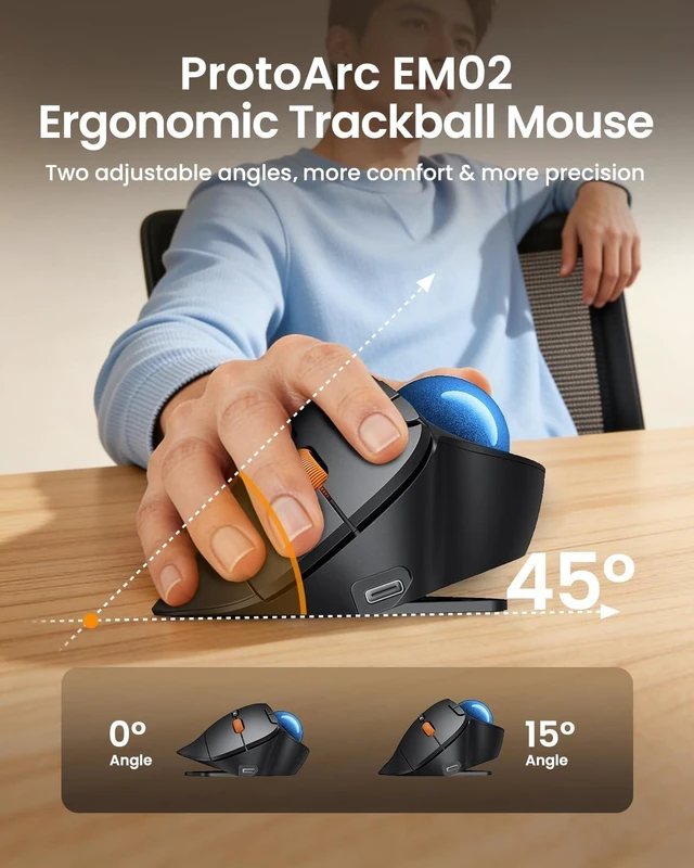 Alt view image 2 of 5 - ProtoArc EM02 Wireless Trackball Mouse, 0/15 Adjustable Angle, Blue
