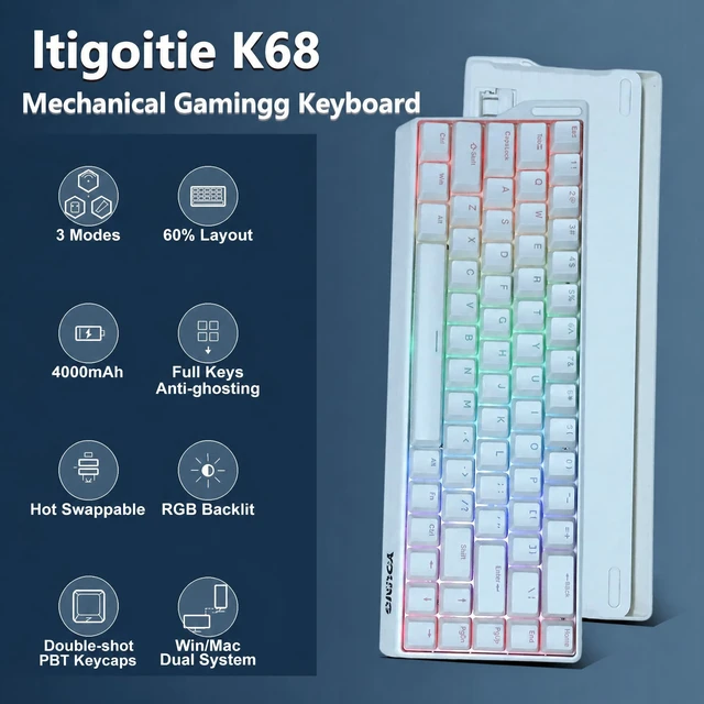 Alt view image 2 of 5 - Itigoitie 60% Wireless Mechanical Keyboard, Hot Swappable Tri-Mode 2.4GHz/Bluetooth/USB-C, RGB Backlit Gaming Keyboard with PBT Keycaps, Compatible with Windows, Mac & Android