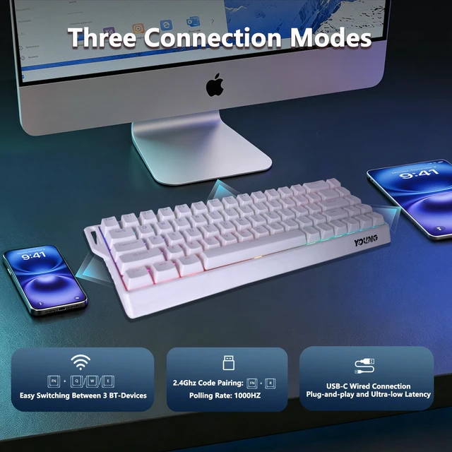 Alt view image 3 of 5 - Itigoitie 60% Wireless Mechanical Keyboard, Hot Swappable Tri-Mode 2.4GHz/Bluetooth/USB-C, RGB Backlit Gaming Keyboard with PBT Keycaps, Compatible with Windows, Mac & Android