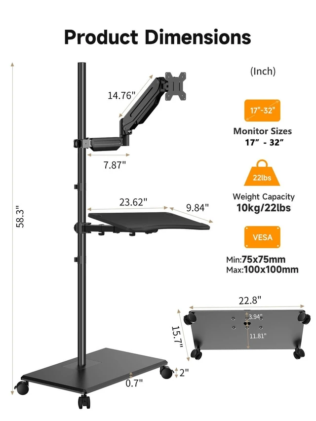 Alt view image 2 of 5 - suptek Mobile Desk Workstation with Monitor Mount for up to 32" Screen, Rolling Computer Cart on Wheels,Full Keyboard Tray, CPU Holder
