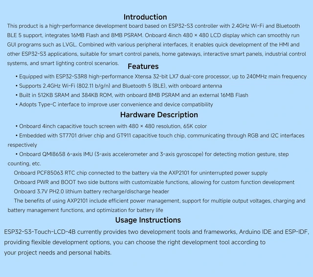 Alt view image 5 of 5 - ESP32-S3 Smart 86 Box Development Board, Onboard 4inch 480 x 480 Pixel Touch Display, Supports 2.4GHz Wi-Fi and Bluetooth BLE 5, Enables Smart Living & Industrial IoT, Supports AI Voice Interaction