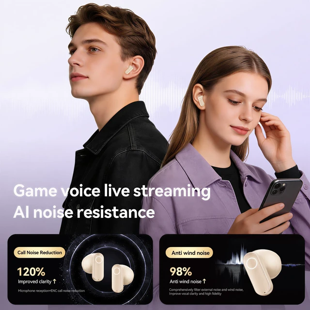 Alt view image 4 of 5 - Bluetooth 6.0 Hi-Fi Stereo Audio Touch Control Ear Buds (Cream White)