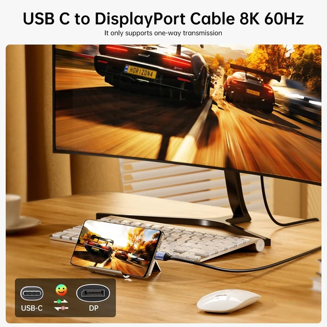 Alt view image 2 of 5 - biaze USB C to DisplayPort 1.4 Cable 8K@60Hz 4K@240Hz, Unidirectional Thunderbolt 4/3 to DisplayPort Cord USB C to DP Cable 32.4Gbps for iPhone 15/16 Galaxy Laptop MacBook Pro/Air Monitor(3.3ft)