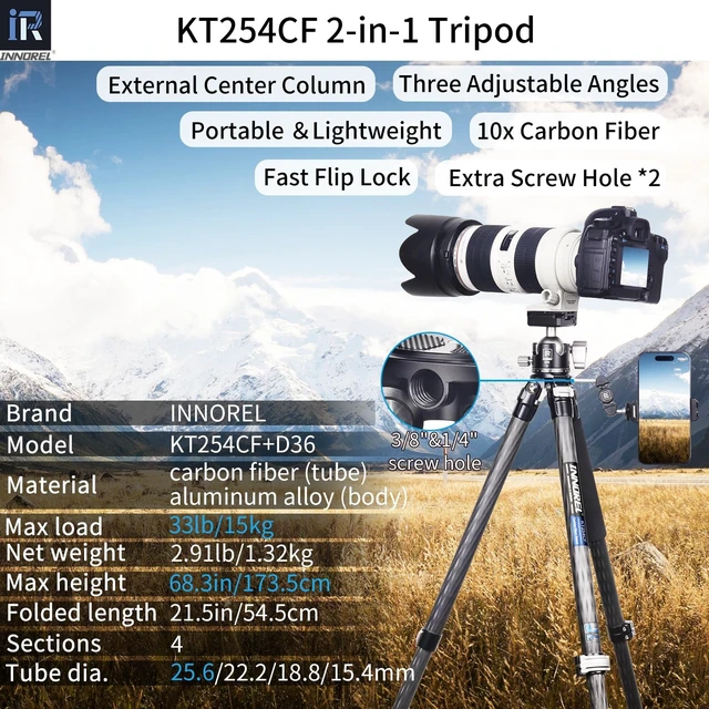 Alt view image 2 of 5 - KT254CF-INNOREL Carbon Fiber Professional Fast Flip Buckle Tripod 25.6mm Tube Compact Lightweight Stand with D36 Low Profile Double U Notch Ball Head for Digital DSLR Video Camcorder Max Load 15kg