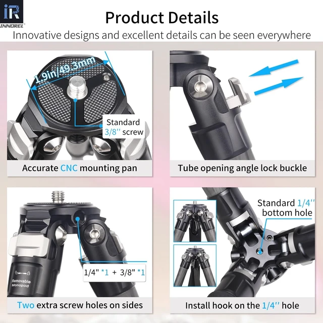 Alt view image 4 of 5 - KT254CF-INNOREL Carbon Fiber Professional Fast Flip Buckle Tripod 25.6mm Tube Compact Lightweight Stand with D36 Low Profile Double U Notch Ball Head for Digital DSLR Video Camcorder Max Load 15kg