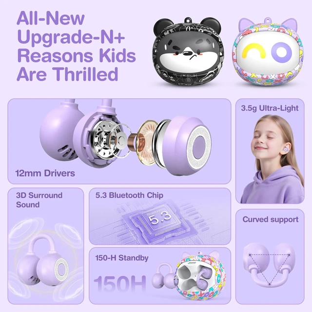 Alt view image 4 of 5 - QearFun Kids Cat Open Ear Earbuds with Rotatable Case, 85dB Safe Volume