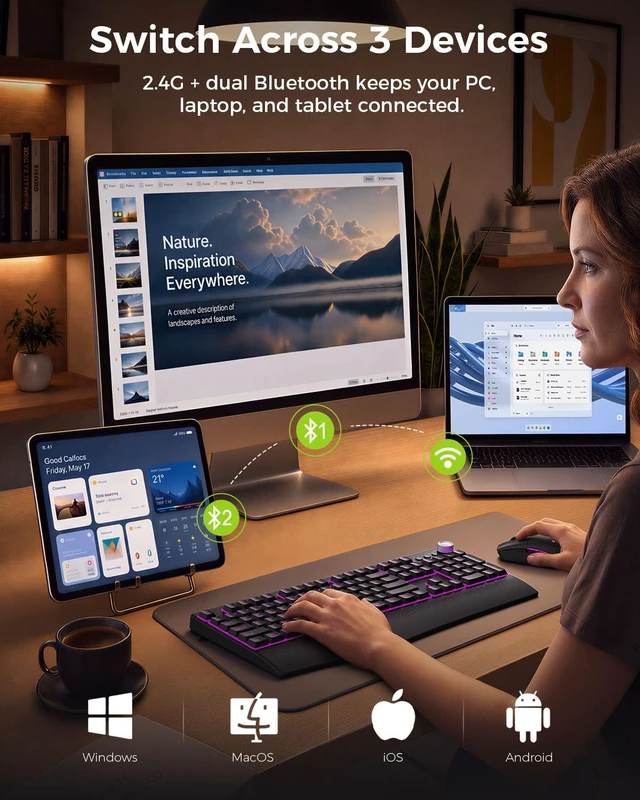 Alt view image 4 of 5 - seenda Wireless Bluetooth Keyboard Mouse Combo, 12 Backlit Modes, Ergonomic
