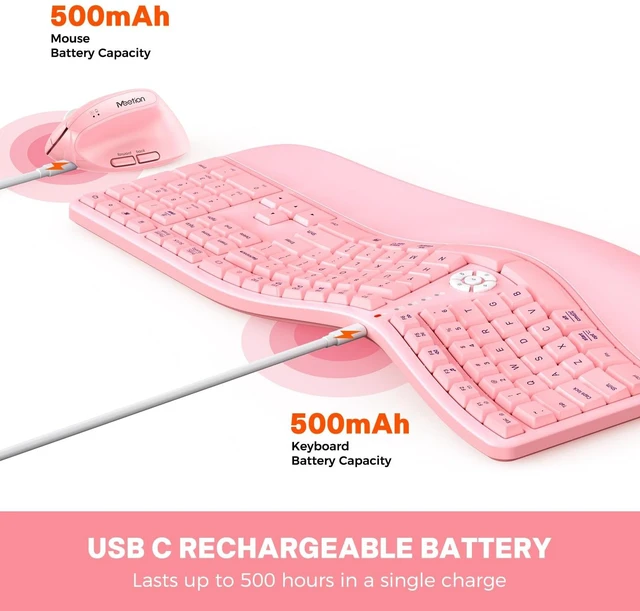 Alt view image 3 of 5 - MEETION Ergonomic Keyboard Mouse Combo, Split Design, Vertical Mouse, Pink