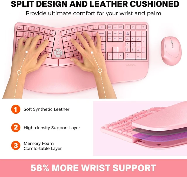 Alt view image 2 of 5 - MEETION Ergonomic Keyboard Mouse Combo, Split Design, Vertical Mouse, Pink