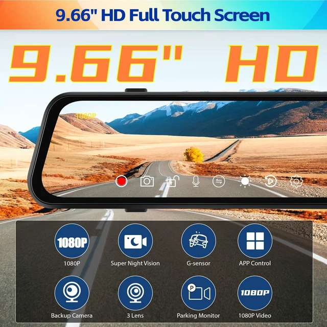 Alt view image 2 of 5 - 1080P Mirror Dash Cam 9.66 Inch 3 Channel Front Rear Inside View Mirror Camera Triple Mirror Dash Cam Night Vision,G-Sensor,Parking Assistance,APP Control,24H Parking Monitor,Waterproof Backup Camera