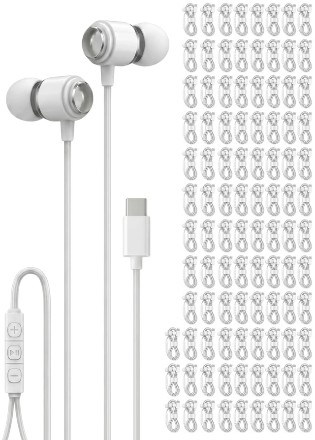 Main image of Halo 100-Pack USB C Headphones with Microphone, Bulk Wired Earbuds for School, Office & Institutions, Type C Earphones for iPhone 17 16 15 Pro Max, iPad, Galaxy S26 S25, Individually Packed - White