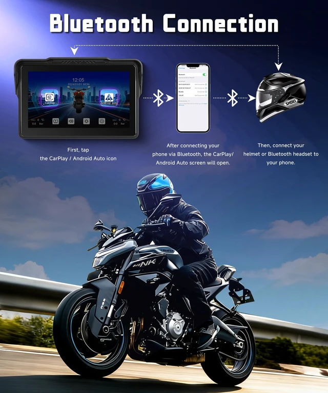 Alt view image 4 of 5 - Hodozzy 7 Inch Motorcycle CarPlay Screen, Waterproof Wireless CarPlay