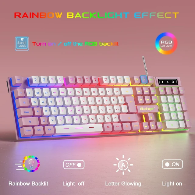 Alt view image 2 of 5 - BlueFinger RGB Gaming Keyboard and Backlit Mouse and Headset Combo, USB Wired Backlit Keyboard, LED Gaming Mouse Set, Headset with Microphone for Laptop PC Computer Game and Work (Pink & White)