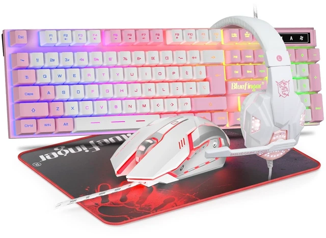 Main image of BlueFinger RGB Gaming Keyboard and Backlit Mouse and Headset Combo, USB Wired Backlit Keyboard, LED Gaming Mouse Set, Headset with Microphone for Laptop PC Computer Game and Work (Pink & White)