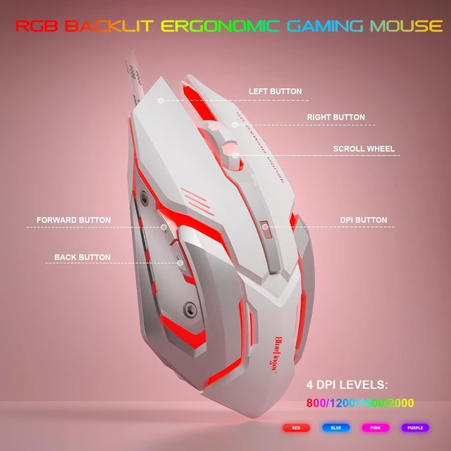 Alt view image 4 of 5 - BlueFinger RGB Gaming Keyboard and Backlit Mouse and Headset Combo, USB Wired Backlit Keyboard, LED Gaming Mouse Set, Headset with Microphone for Laptop PC Computer Game and Work (Pink & White)