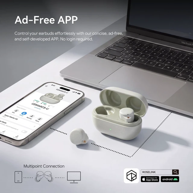 Alt view image 5 of 5 - ROSESELSA Ceramics Ultra Noise Cancelling Earbuds, Bluetooth 6.0, LDAC/LHDC