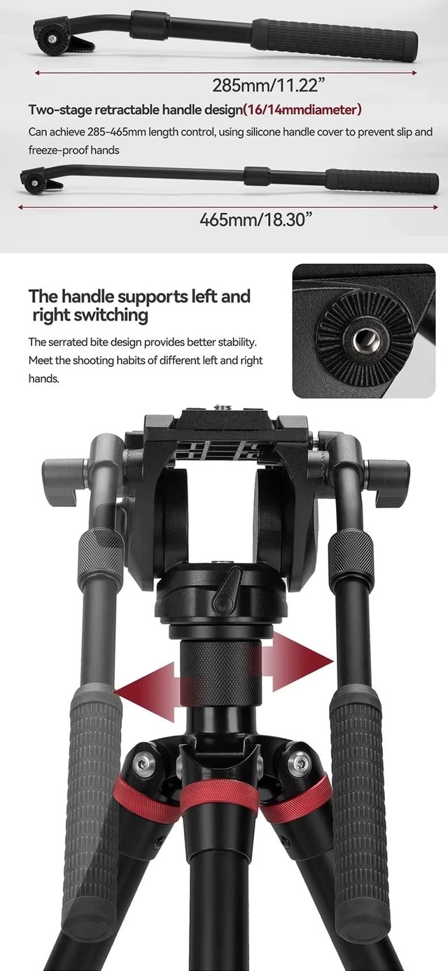 Alt view image 4 of 5 - REFLEX CAMERA Video Tripod Fluid Head - Metal - with 360 Panning, Quick Release Plate, -70/90 Pitch, 1/4" Base Mount and 3/8" Side Mount, Telescopic Handle & 10kg Load Capacity for DSLR & Camcorder