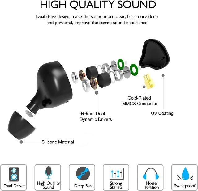 Alt view image 4 of 5 - DCMEKA in-Ear Monitor Wired Earphones with Tesla Dual Dynamic Drivers, 3.5mm Headphones with Microphone & Control, MMCX Detachable Cable, Blue Wood Grain Design, HiFi Bass Stereo Earbuds