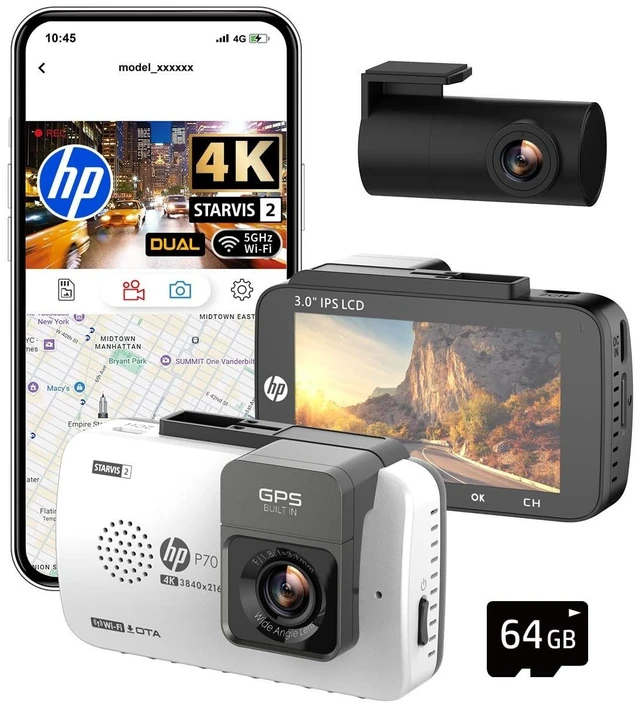 Main image of HP P70 White Dual Dash Cam Front and Rear, STARVIS 2 Sensor, 4K Front + FHD Rear Loop Recording, GPS, Free 64GB Card, 3" IPS Screen, 24HR Parking Mode, App Control, 5GHz WiFi, Night Vision