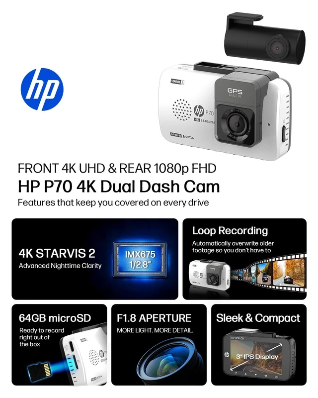 Alt view image 2 of 5 - HP P70 White Dual Dash Cam Front and Rear, STARVIS 2 Sensor, 4K Front + FHD Rear Loop Recording, GPS, Free 64GB Card, 3" IPS Screen, 24HR Parking Mode, App Control, 5GHz WiFi, Night Vision