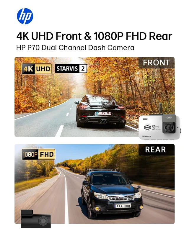 Alt view image 4 of 5 - HP P70 White Dual Dash Cam Front and Rear, STARVIS 2 Sensor, 4K Front + FHD Rear Loop Recording, GPS, Free 64GB Card, 3" IPS Screen, 24HR Parking Mode, App Control, 5GHz WiFi, Night Vision